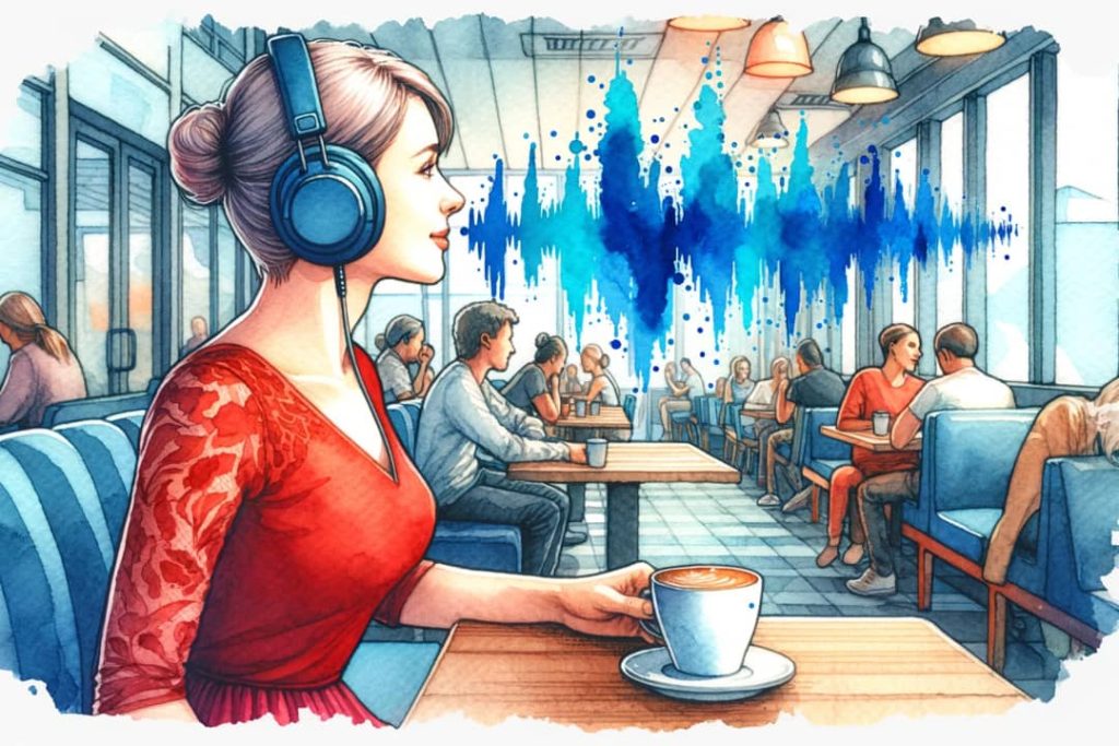 Na obrazie widzimy kobietę w czerwonej bluzce, która siedzi w kawiarni i słucha muzyki w słuchawkach wokółusznych. Jej spojrzenie jest skupione, a na stole przed nią stoi filiżanka z kawą. W tle widać innych gości kawiarni rozmawiających ze sobą.