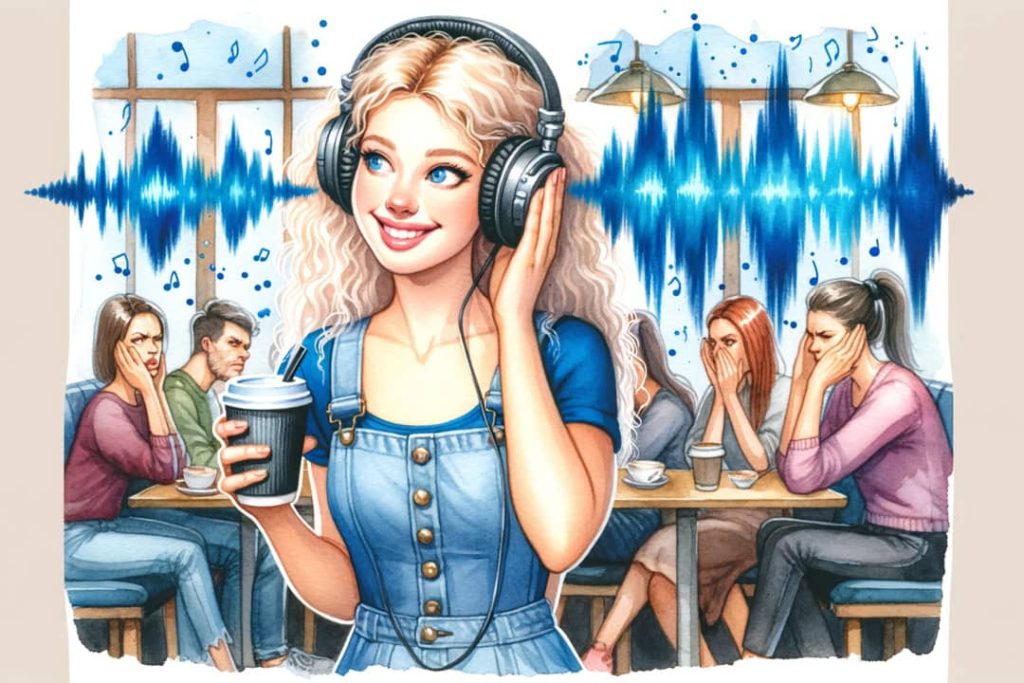Na obrazie jest młoda kobieta o blond włosach w niebieskiej sukience, która również słucha muzyki w słuchawkach. Jej wyraz twarzy jest beztroski i zadowolony. Trzyma w ręku kubek z kawą na wynos. W tle obrazu widać osoby, które wydają się być sfrustrowane lub przygnębione, co kontrastuje z radosnym nastrojem głównej postaci.