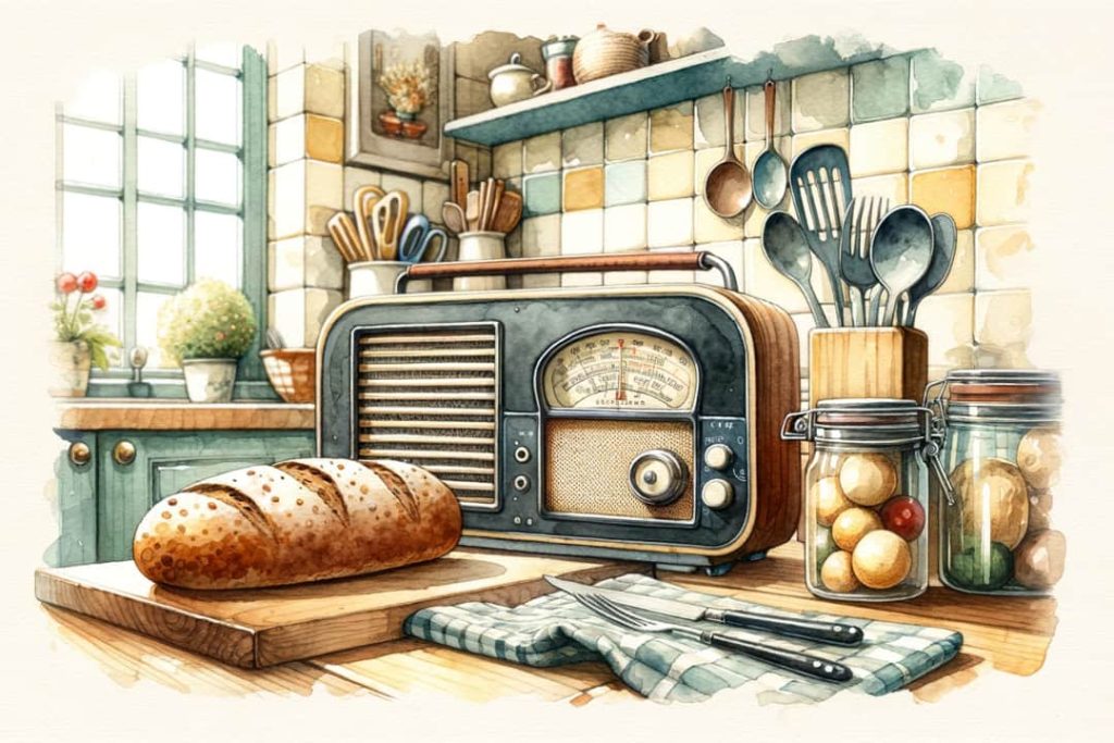 Na ilustracji widzimy przytulną scenę z domowej kuchni, utrzymaną w ciepłej, pastelowej palecie barw, która tworzy wrażenie ciepła i nostalgii. Centralnym punktem jest klasyczne radio, które swoim retro designem nawiązuje do minionych epok. Wykonane z ciemnego drewna, z okrągłymi przyciskami i charakterystycznym, owalnym głośnikiem, radio wydaje się być nie tylko funkcjonalnym, ale i estetycznym elementem wystroju. Po jego lewej stronie położony jest bochenek świeżego, chrupiącego chleba, który leży na drewnianej desce. Jego złocista skórka i widoczne nasiona na wierzchu sugerują, że jest to pieczywo pełnoziarniste, co może wskazywać na troskę o zdrowe nawyki żywieniowe. Po prawej stronie radia umieszczone są przezroczyste słoiki z hermetycznie zamkniętymi pokrywkami, w których przechowywane są jajka i cytryny. To nawiązanie do domowej spiżarni, gdzie składniki są trzymane w zasięgu ręki, dodaje wnętrzu funkcjonalności i uroku. Na pierwszym planie, przed radiem, znajduje się szklanka wody lub innego przezroczystego napoju, a obok niej na białej, szachownicowej ściereczce położone są metalowe przybory kuchenne – widelec i nóż z czarnymi rękojeściami, które wyglądają na używane i mają swój udział w domowych obiadach. Na górnych półkach widzimy różnego rodzaju kuchenne akcesoria – drewniane łyżki, trzepaczkę, chochlę i inne przybory, niezbędne w codziennym gotowaniu. Wszystko to jest umieszczone w doniczkach lub zwisa z haczyków, co świadczy o praktycznym i zarazem estetycznym podejściu do organizacji przestrzeni. Kompozycja jest dopełniona roślinami doniczkowymi i kwiatami, które dodają wnętrzu życia i świeżości. Wszystkie elementy razem tworzą obraz domowej, funkcjonalnej i pełnej ciepła kuchni, w której każdy przedmiot ma swoje miejsce i historię