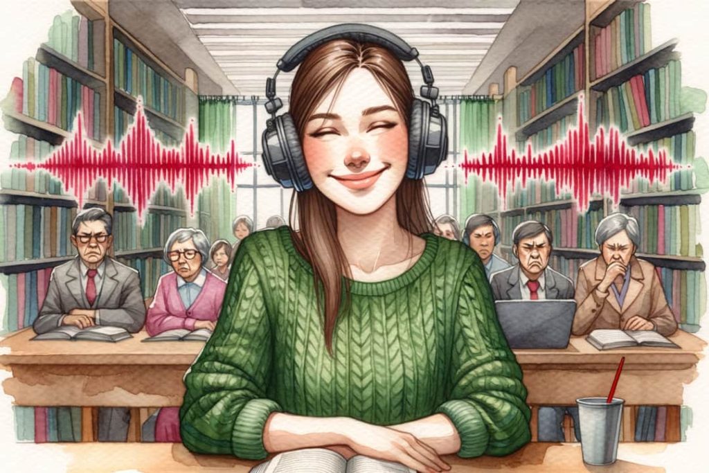 Na ilustracji widzimy młodą kobietę w zielonym swetrze, która ma na uszach słuchawki. Wydaje się być zadowolona i zrelaksowana, słuchając muzyki bądź innego materiału audio. Jej twarz jest skierowana w stronę widza, z lekko zamkniętymi oczami i uśmiechem na ustach.