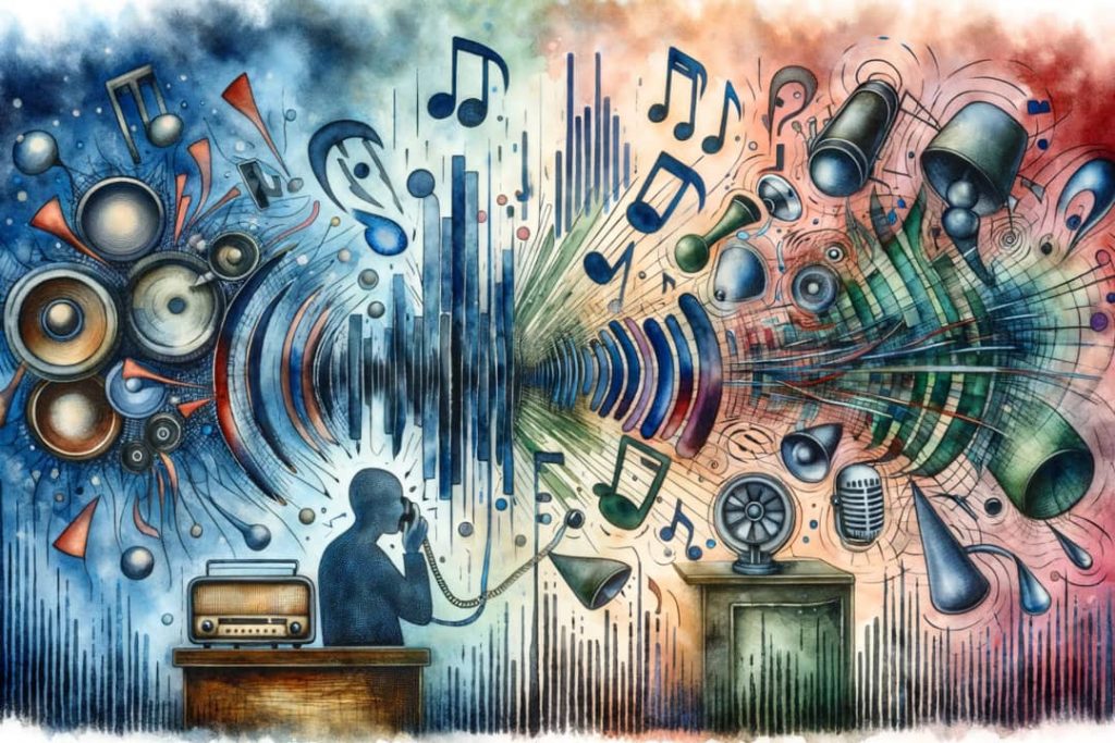 Abstrakcyjne przedstawienie kakofonii w muzyce z postacią słuchającą przez stary telefon, otoczoną przez dynamicznie rozmieszczone elementy muzyczne, takie jak nuty i głośniki.