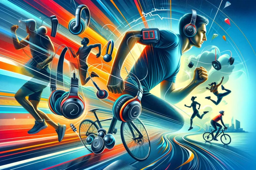 Grafika przedstawiająca słuchawki sportowe: nauszne do biegania i jazdy na rowerze oraz douszne do ćwiczeń w siłowni i jogi, na tle dynamicznego i energetycznego wzoru sugerującego aktywny tryb życia.