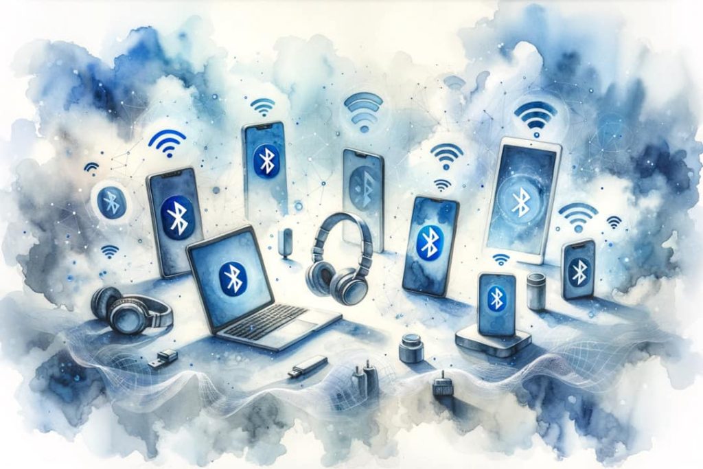 Akwarela przedstawiająca technologię Bluetooth. Na obrazie widoczne są urządzenia często wykorzystujące Bluetooth, takie jak smartfony, słuchawki i laptop, delikatnie świecące na niebiesko, symbolizując połączenie Bluetooth. Wokół tych urządzeń znajdują się blade, eteryczne fale reprezentujące niewidzialne sygnały Bluetooth, elegancko łączące wszystko ze sobą. Tło jest mieszanką miękkich odcieni niebieskiego i bieli, tworząc spokojną i technologiczną atmosferę.