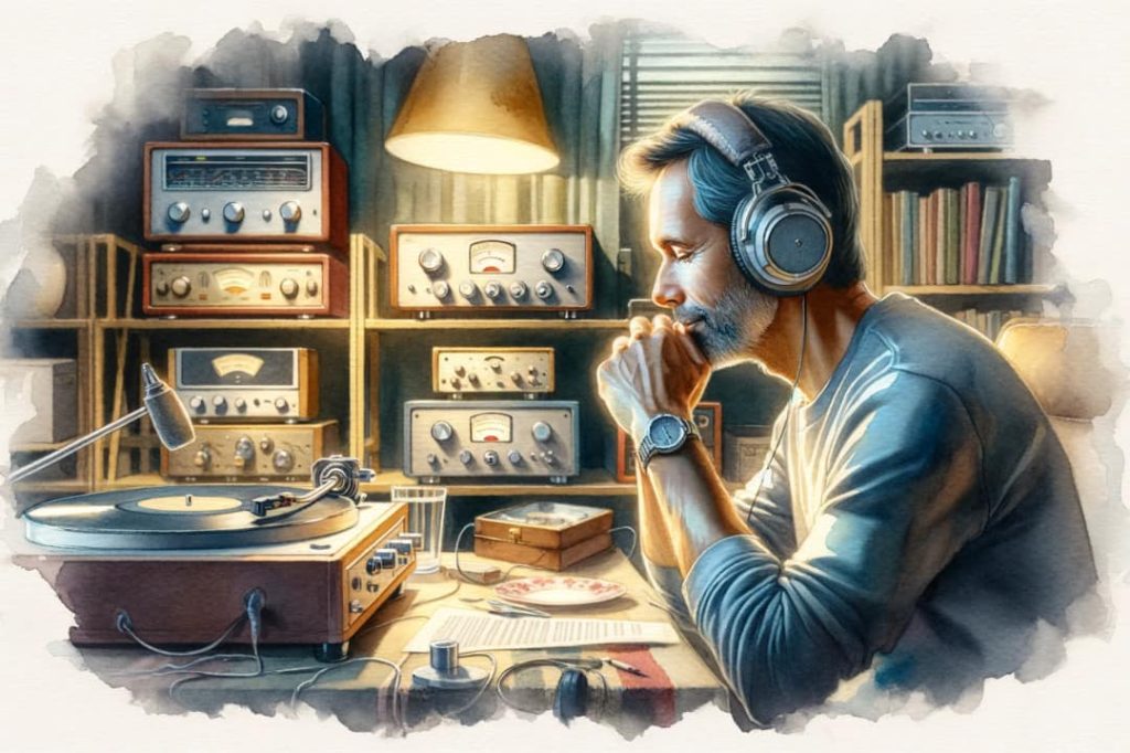 Akwarelowa grafika prezentująca dojrzałego mężczyznę w otoczeniu sprzętu audio, jak głośniki, radia, gramofony itp., który oddaje się swojej audiofilskiej pasji.