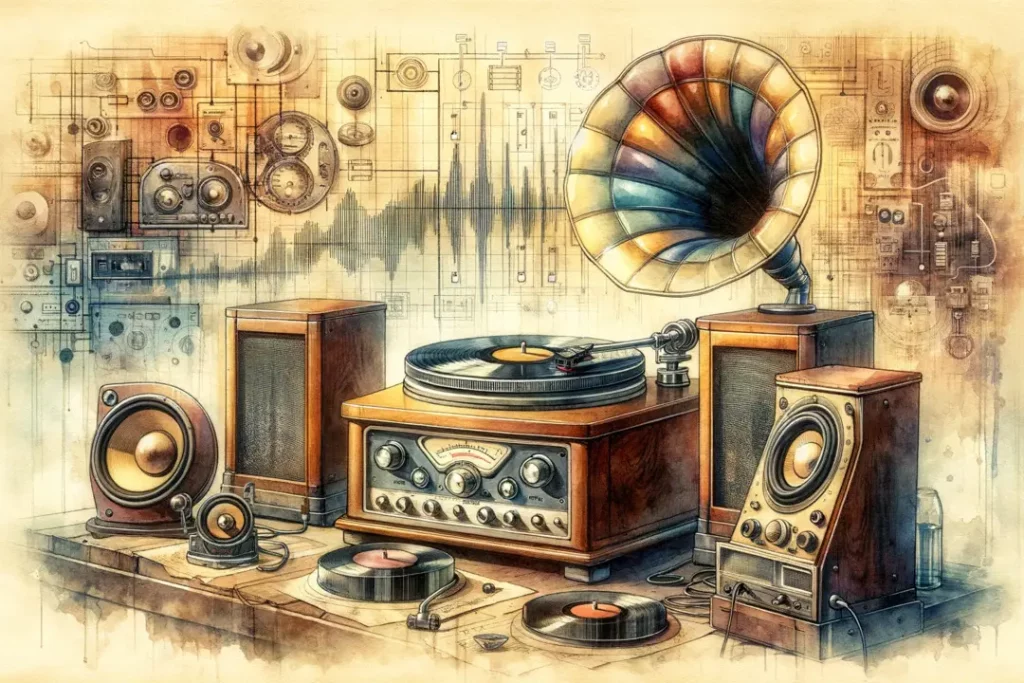 Akwarelowa ilustracja przedstawiająca vintage zestaw audio z lat 50., z klasycznym gramofonem, płytami winylowymi i dużymi głośnikami, symbolizująca wczesną erę wysokiej jakości reprodukcji dźwięku. W tle subtelne elementy, takie jak schematy i grafiki falowe, reprezentujące ewolucję technologii audio. Scena ma nostalgiczny i historyczny nastrój, z mieszanką ciepłych i chłodnych tonów, oddających połączenie starego z nowym.