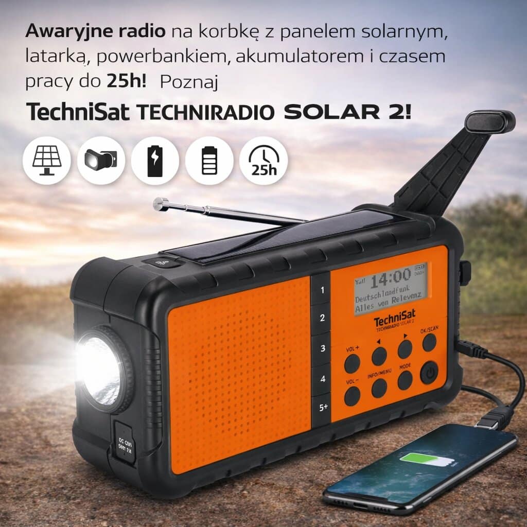 Awaryjne radio na korbkę z panelem solarnym, latarką, powerbankiem, akumulatorem i czasem pracy do 25h! Poznaj Technisat TECHNIRADIO SOLAR 2!