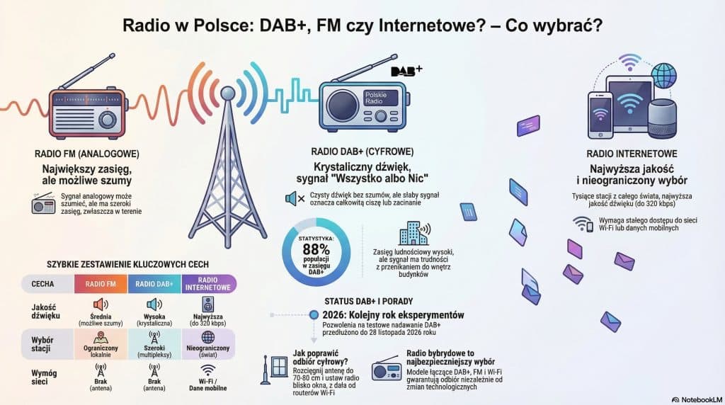 Porównanie standardów radia w Polsce 2026: Radio FM, DAB+ oraz Internetowe – infografika z zestawieniem jakości dźwięku i zasięgu